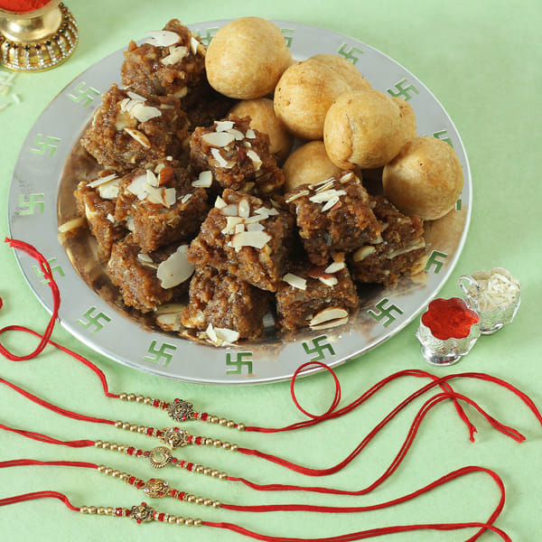 Set of 5 Rakhi with Doda Barfi & Dry Fruit Kachori Hamper: Gift/Send ...
