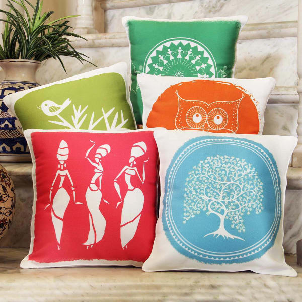 Set of 5 Traditional Handmade Print Canvas Cushion