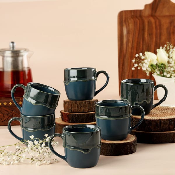 Set of 6 Blue Stoneware Cups