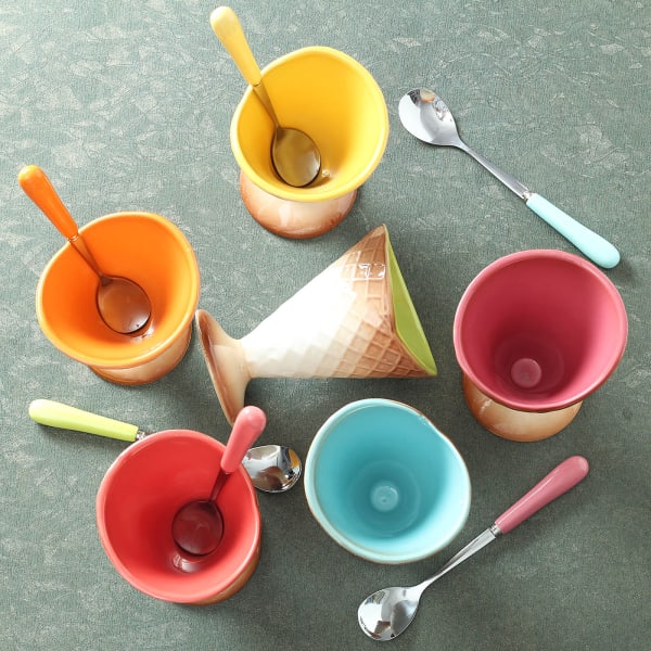 Set of 6 Cone shaped Ice Cream Bowls with Spoons Gift/Send Home and Living Gifts Online