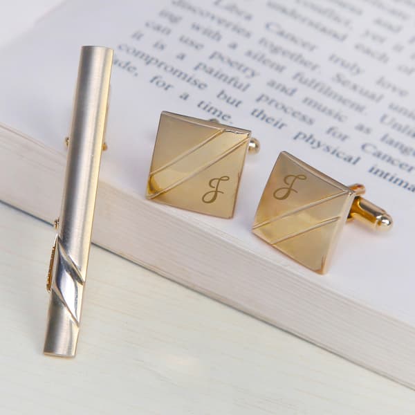 Set Of Personalized Golden Cufflinks With Tie Pin Tsend Fashion