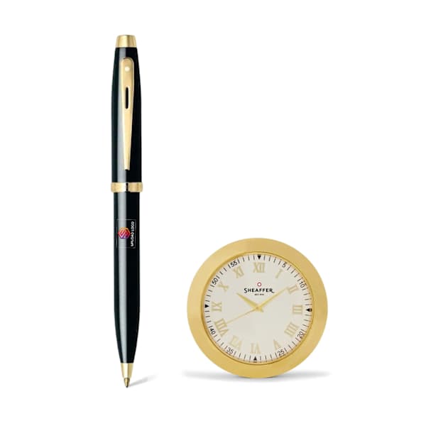 Sheaffer Glossy Ballpoint Pen And Gold Table Clock Combo