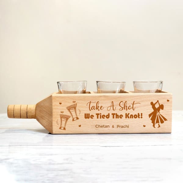 Shot Glasses in Wedding Themed Personalized Wooden Holder
