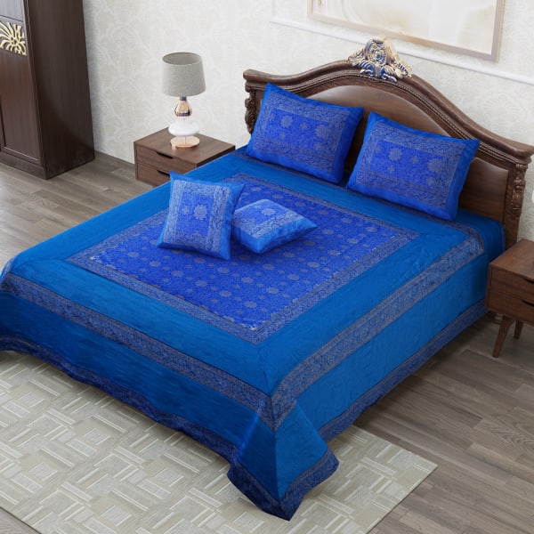 Silk Brocade Patchwork Double Bedcover - Blue (Set of 5)