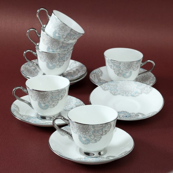 Silver Colored Designer Set of 6 Cups with Saucers