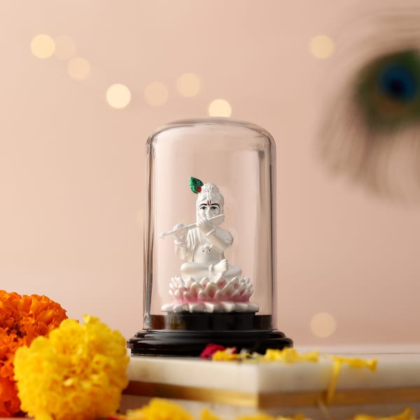 Silver Lord Krishna Idol in Glass Dome
