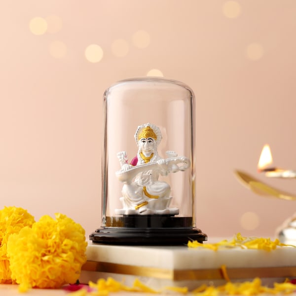 Silver Maa Saraswati Idol in Glass Dome