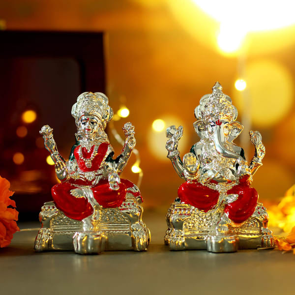 Silver Plated Colorful Laxmi Ganesha in Gift Box