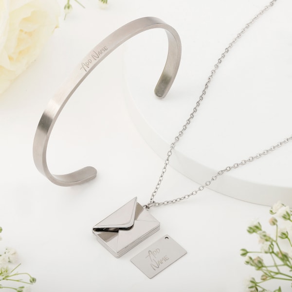Silver Serenity Envelope Pendant Chain And Cuff Bracelet - Personalized