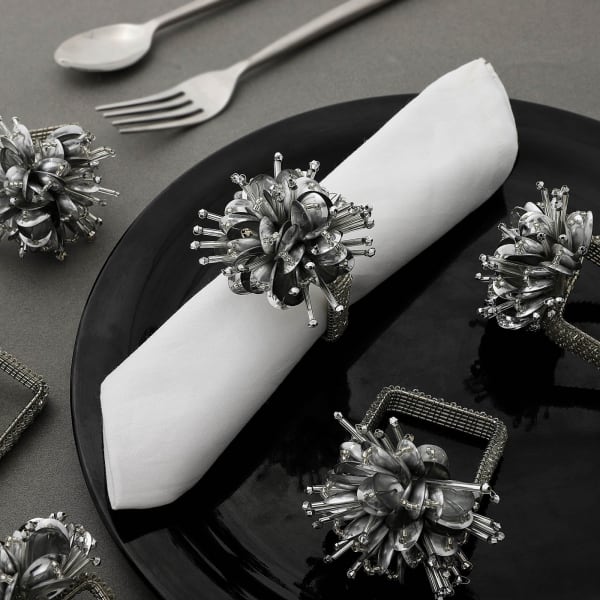 Silver Square Floral Napkin Rings (Set of 6)