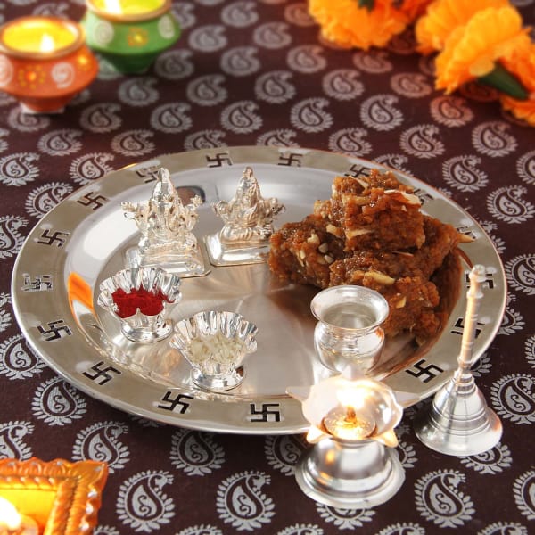 Silver Thali, Laxmi-Ganesh with Sweets