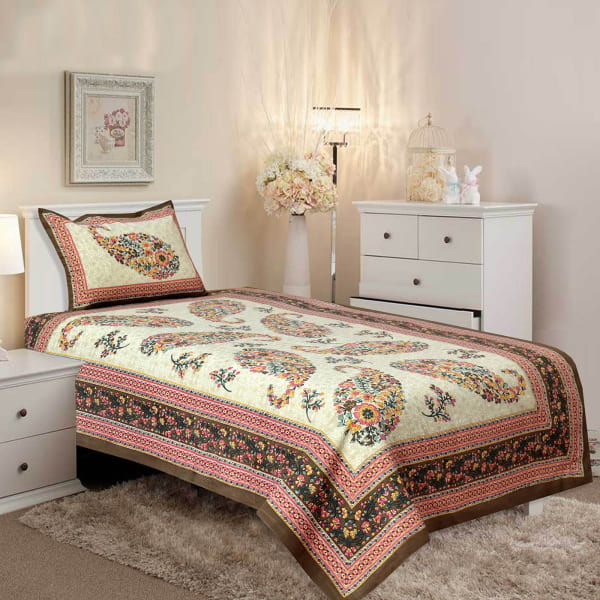 Single Bed Sheet In Oriental Print With Pillow Cover Gift Send