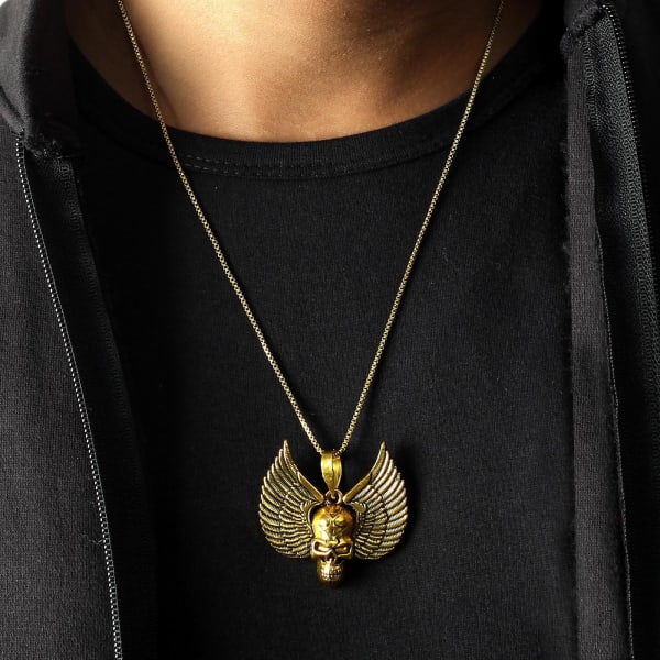Skull with Wings Oxidised Gold Finish Men's Pendant