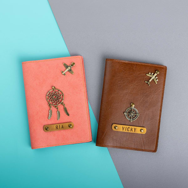 Sleek Tan And Peach Couple Passport Covers - Personalized