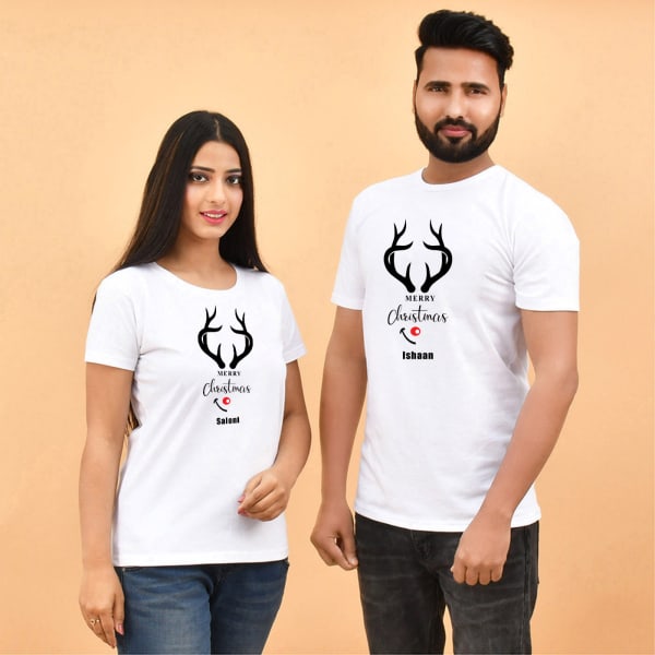 Smiling Reindeer Personalized Cotton T-Shirts For Couple - White