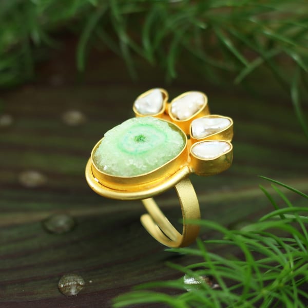 Solar Druzy Semi-precious Stone with Baroque Pearl Handmade Ring