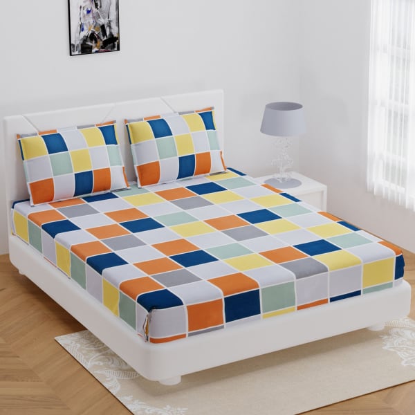 Squares Printed Fitted Double Bedsheet