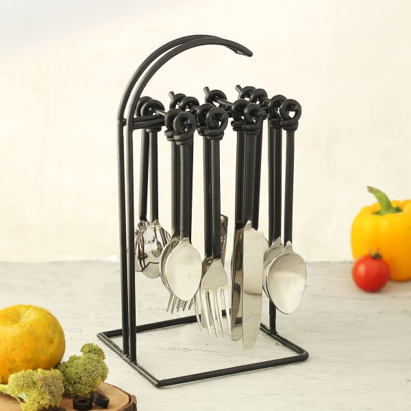 Stainless Steel Cutlery Set with Stand in Black