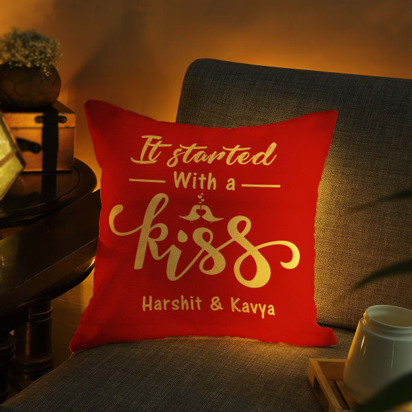 Started WIth A Kiss Personalized LED Jute Cushion