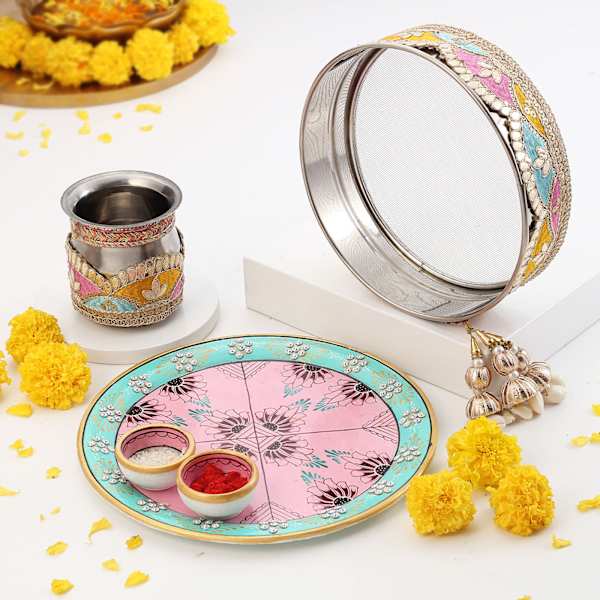 Stone Work Round Pooja Thali with Chalni and Karwa
