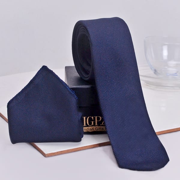 Stylish Navy Blue Tie and Pocket Square