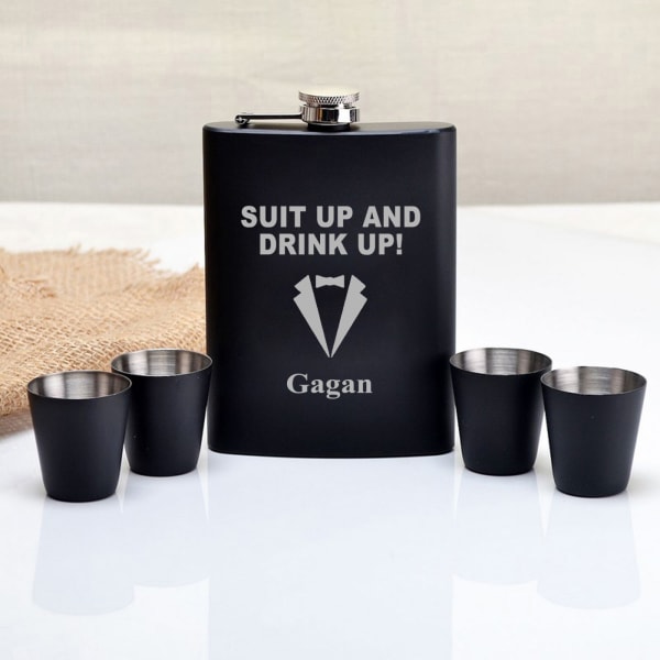 Suit Up Personalized Hip Flask And Shot Glasses Set