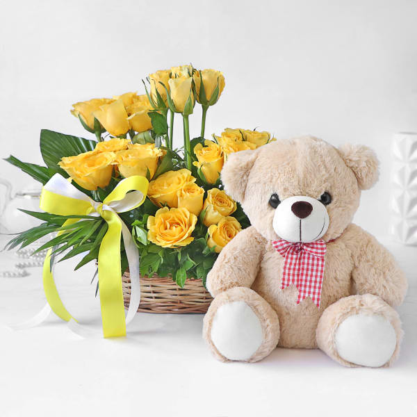 Download Order Sunshine Yellow Roses In Basket With Teddy Online At Best Price Free Delivery Igp Flowers PSD Mockup Templates