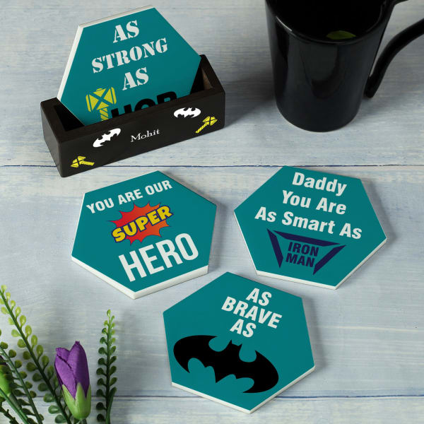 Super Hero Dad Personalized Coasters With Stand