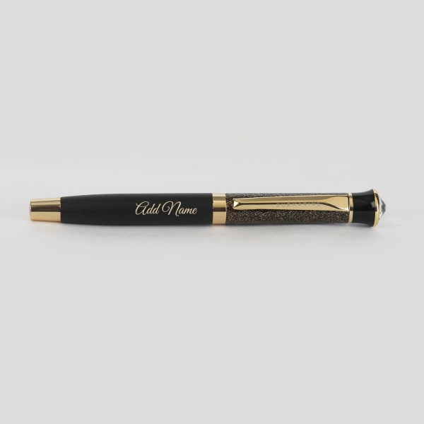 Swarovski Crystal Studded Black & Golden Roller Pen  - Customized with Name