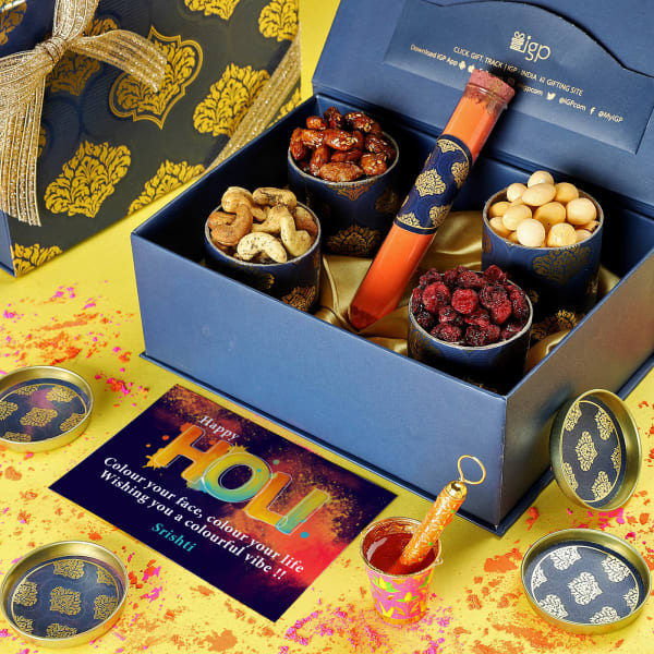 Sweet Surprise Ornate Holi Gift Hamper With Personalized Card