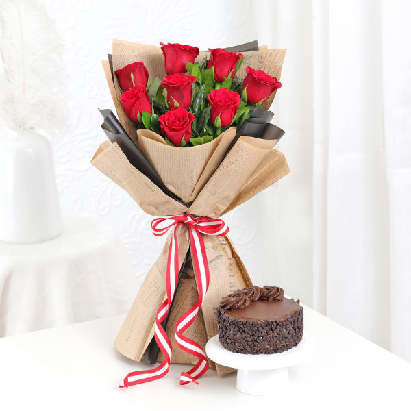 Sweet Symphony - Red Roses Bouquet With Delectable Mini Cake