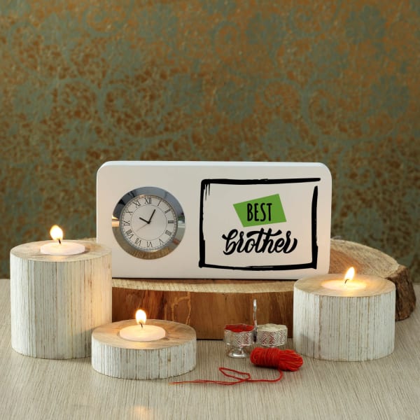 Table Clock with Candle Stands and Silver Plated Container