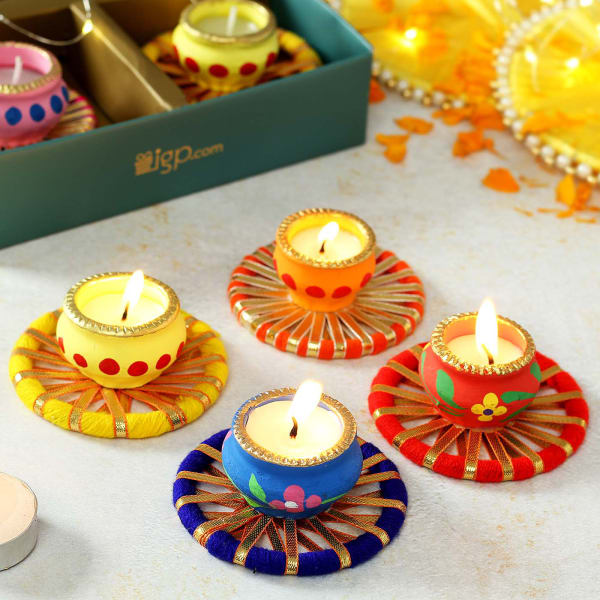 Gifts Decorative lighting Accessories without Wax . Handcrafted Flower Tea lights holder set of 2 Candle stand Tealight T-light holder for Diwali & Festival Decor 