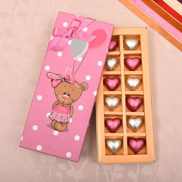 Teddy Box of Dark and Milk Heart Shape Chocolates