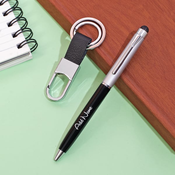 Textured Black And Silver Keychain And Pen Set - Customized With Name