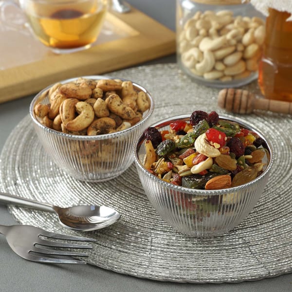Textured Crystal Glass And Platinum Bowls With Snacks (Set of 2)