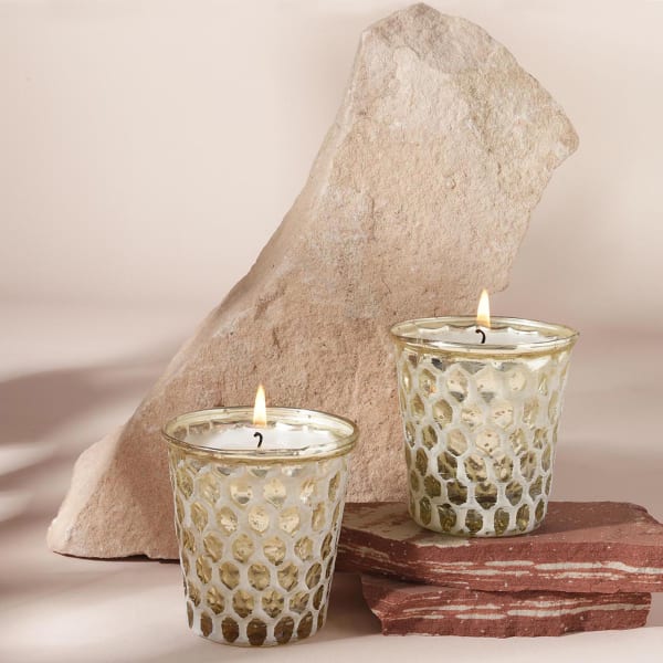 Textured Glass Votives With Cedarwood Candles (Set of 2)