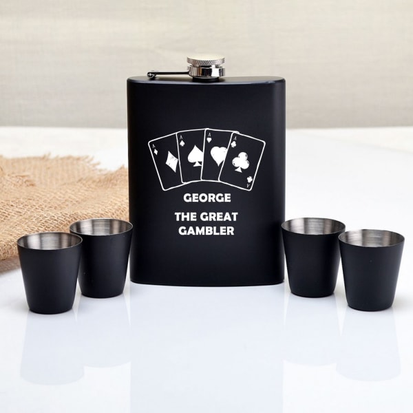 The Great Gambler Personalized Hip Flask with Shot Glasses