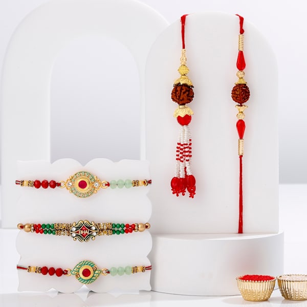 Timeless Rudraksha And Ruby Beads Rakhis - Set Of 4