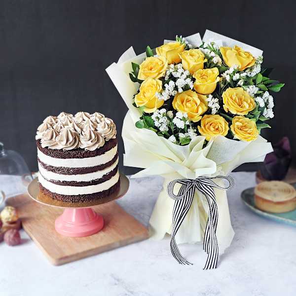 Tiramisu Coffee Cake With Bunch Of yellow Roses