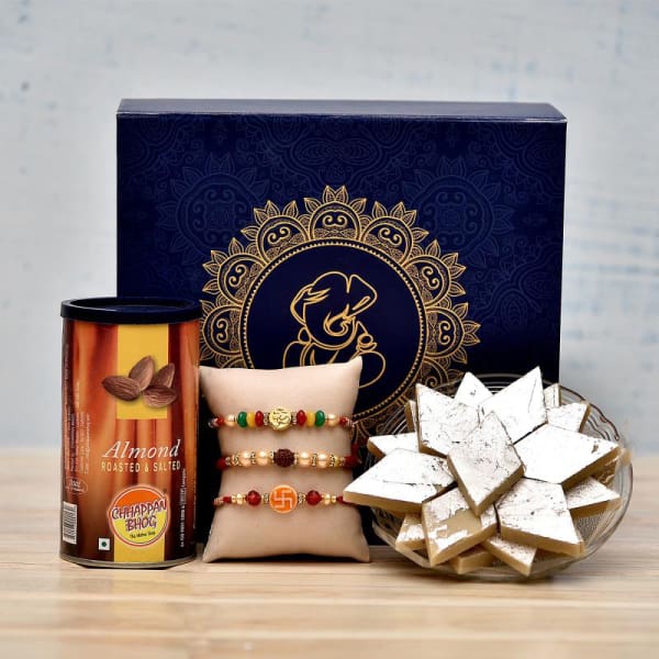 Traditional Beaded Rakhi Set with Kaju Katli and Almonds in a Gift Box ...