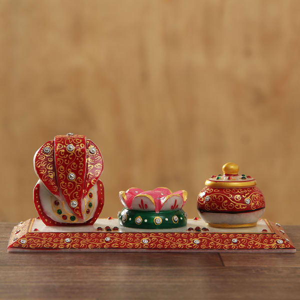 Traditional Marble Ganesha with Incense Holder & Container