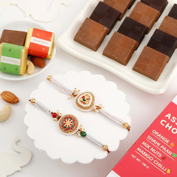 Traditional Pearl Rakhi And Assorted Chocolates