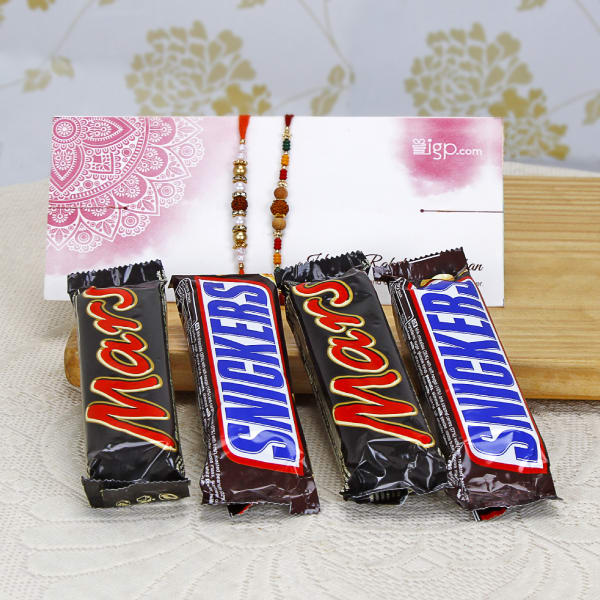 Two Classy Rakhis with Two Mars & Snickers Chocolates