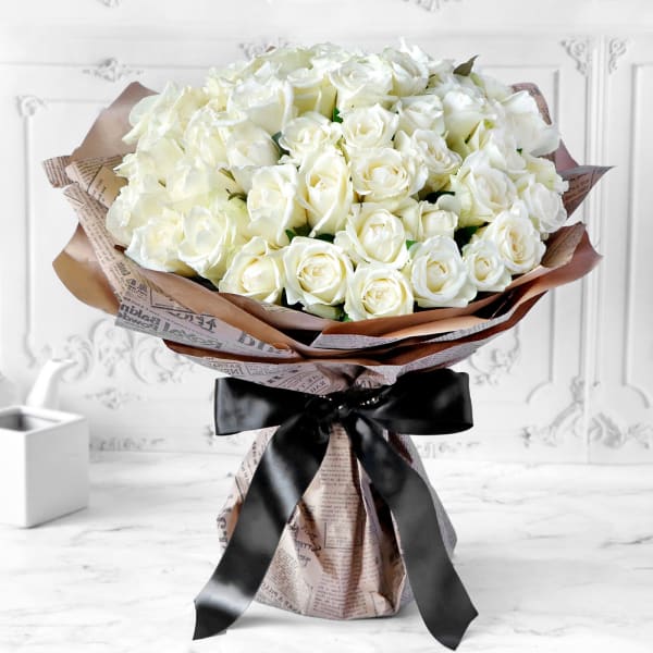 Unforgetabble 50 White Roses Hand Tied