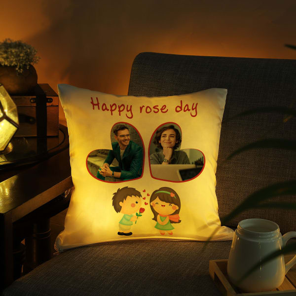 Valentine Rose Day Personalized LED Satin Cushion