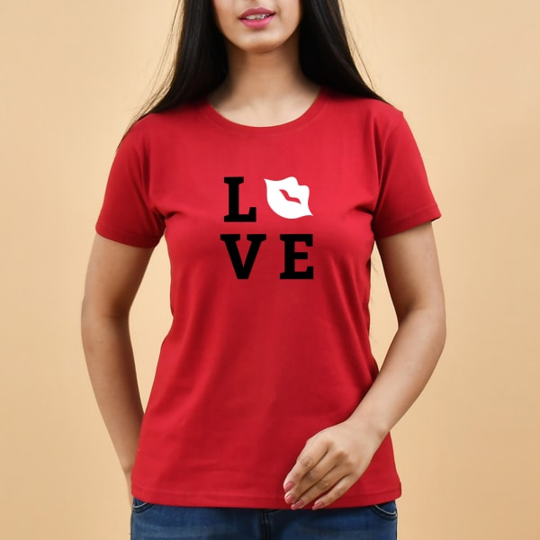 Valentine's Kiss Day Cotton T-Shirt for Women - Red