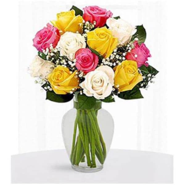 Vase of 12 Multi Colored Roses