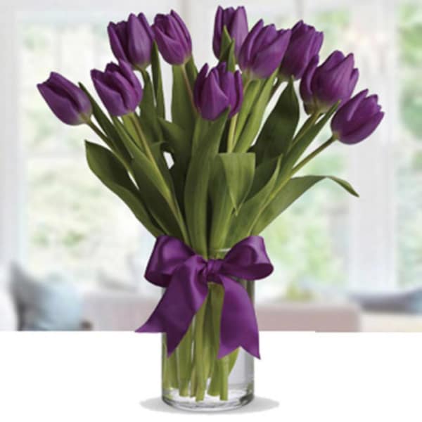 Vase of 20 Purple Tulips