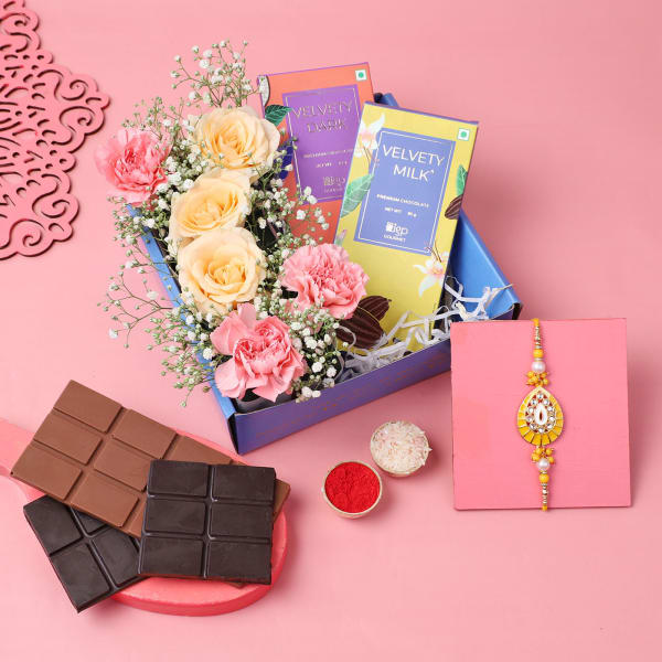 Velvety Chocolates & Floral Wish Rakhi Hamper